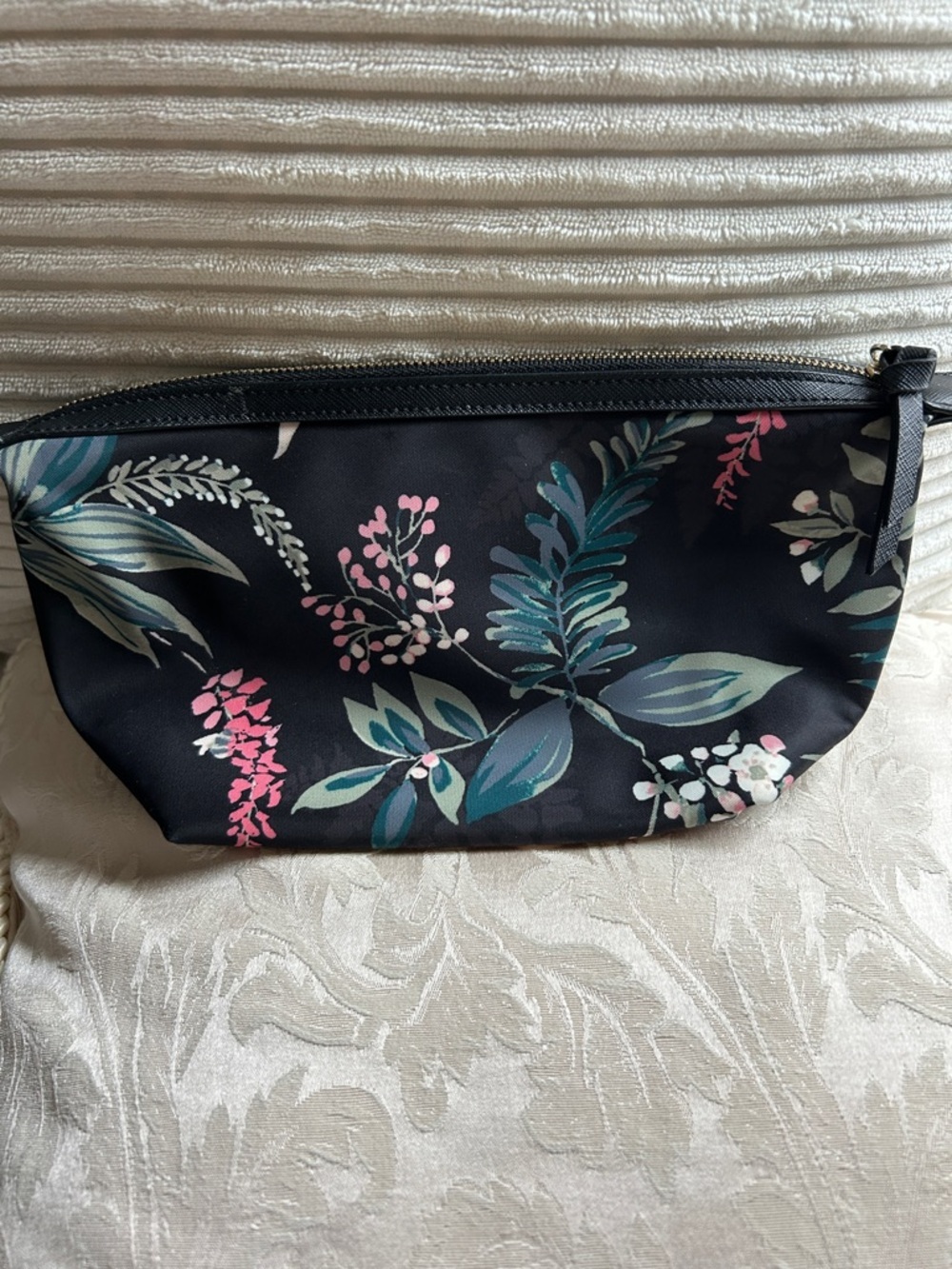 kate spade Black Floral Nylon Cosmetic Travel Pouch with Pink & Cream Blooms - Picture 2 of 6